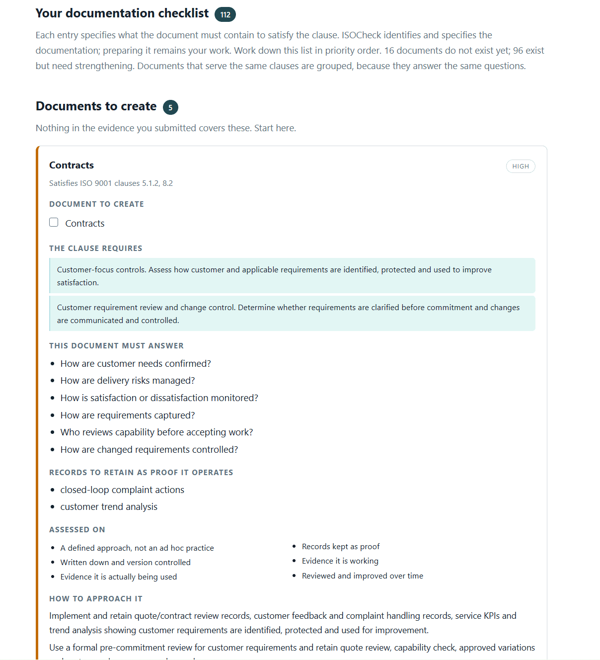 Detailed ISOCheck documentation checklist explaining clauses, questions and records to retain